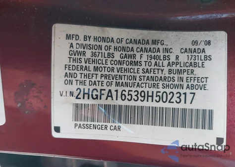 2009 Honda Civic Lx z USA, uszkodzony, nr VIN 2HGFA16539H502317